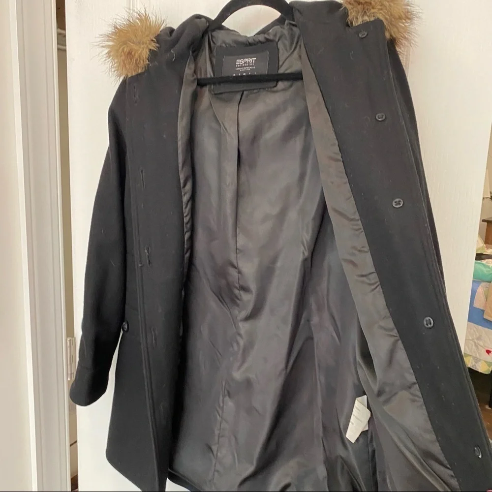Espirit wool blend black faux fur trim hoodie size large